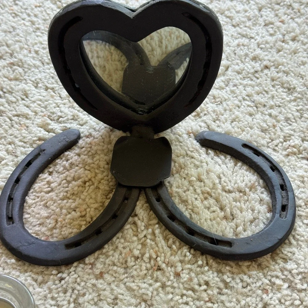 Handcrafted Horseshoe Heart Mirror Votive Candle Holder Rustic Cast Iron Black